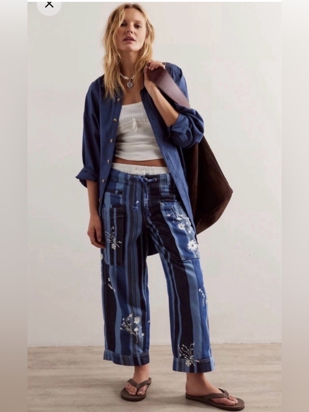 Free People Navy & Blue Striped Floral Cropped Jeans